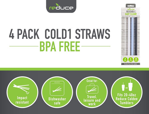 Reduce Reusable Hard Plastic Straws - 4 Pack, BPA-Free, Dishwasher Safe, Fits 20-50 oz Tumbler Mugs