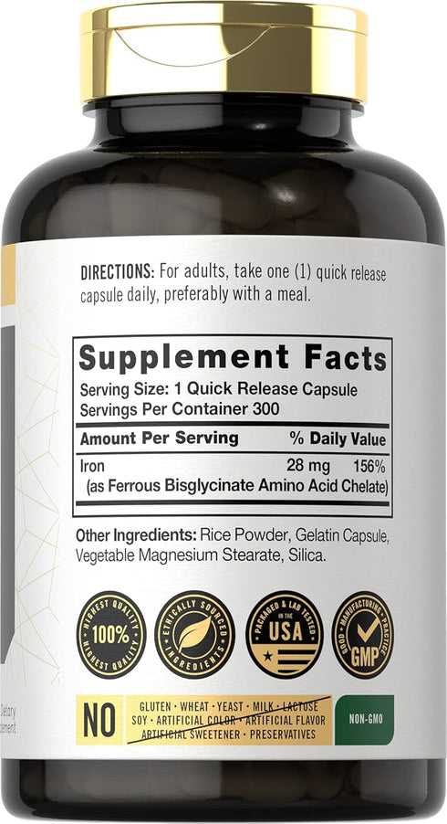 Carlyle Easy Iron | 28 mg | 300 Capsules | Non-GMO and Gluten Free Gentle On Your Stomach Formula | As Iron Bisglycinate