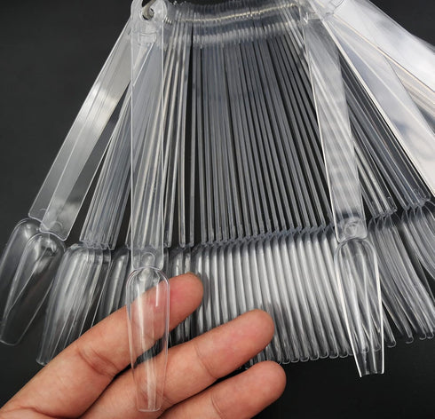 LoveOurHome 150pc Clear Nail Swatch Sticks, Long Stiletto Coffin Almond Nails Polish Sample Tester Stick with Ring for