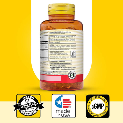 MASON NATURAL Omega-3 Fish Oil, 1000mg with EPA and DHA for Joint Support, 90 Softgels (Pack of 1)