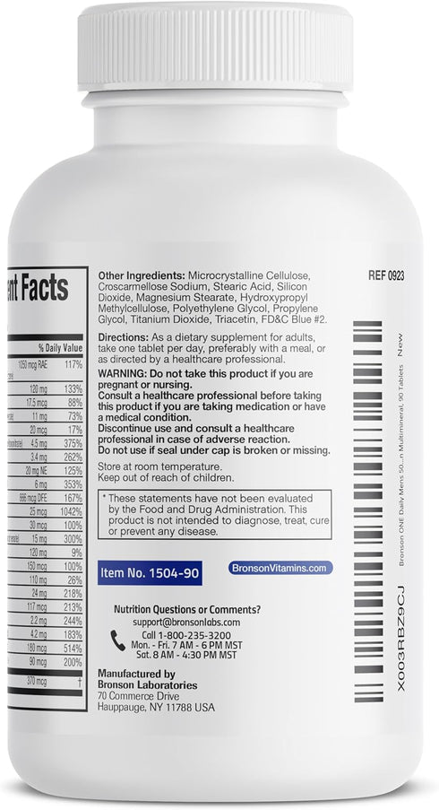 Bronson ONE Daily Mens 50+ Complete Multivitamin, 90 Tablets - Multimineral Supplement