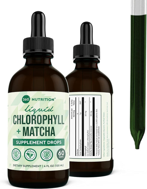 360 Nutrition Matcha Chlorophyll Liquid Drops - Gluten Free & Vegan Supplement for Gut Health, 60 Servings