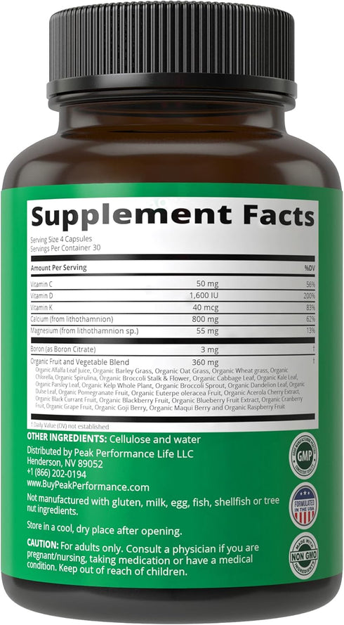 Plant Based Calcium - Red Marine Algae Calcium Supplement with Vitamin C, D3, K, Magnesium - Vegan Capsules for Bones,