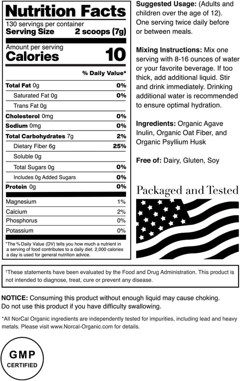 Norcal Organic Fiber - 2lbs | Gluten-Free, Non-GMO Prebiotics & Psyllium Husk Blend