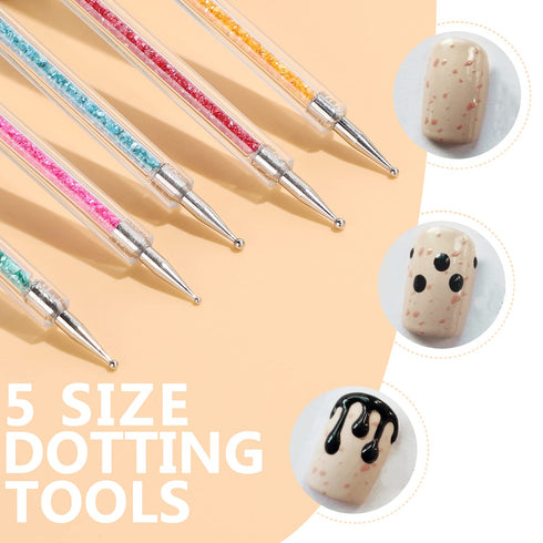 TEOYALL Double-Ended Nail Art Brushes, 5 PCS Nail Design Tools Kit with Nail Liner Brush and Dotting Pens