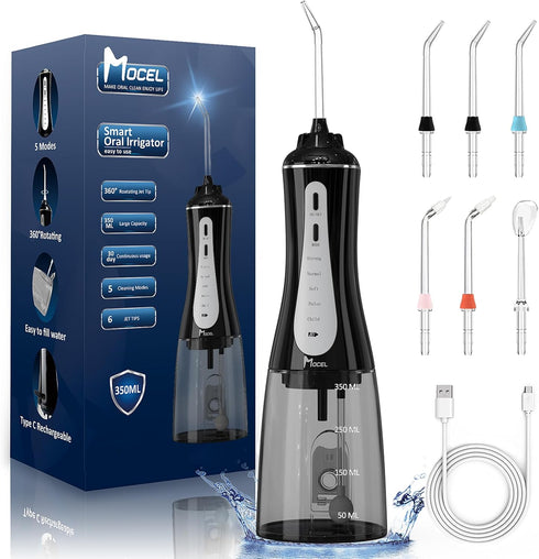 Water Dental Flosser Oral Irrigator, 5 Modes, 350ml, 6 Tips, IPX7 Waterproof, Rechargeable for Travel & Home