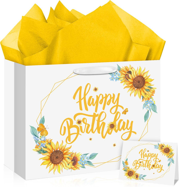 Nefrayd Sunflower Birthday Gift Bag Large with Card & Tissue Paper, Happy Birthday