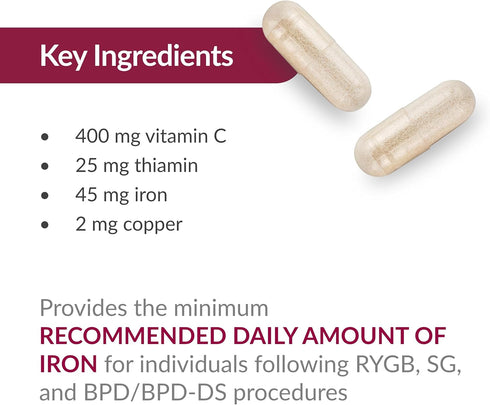 Bariatric Advantage Iron 45 mg with Vitamin C, Thiamin, and Copper, Easily Digestible for Surgery Patients - 60 Count