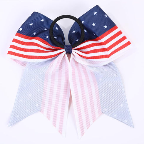 Red White and Blue American USA Flag Cheer Bows for Girls, Patriotic Festival Hair Bow with Elastic Band