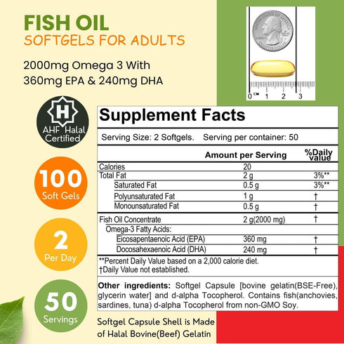 Halal Fish Oil Softgels 100 Ct, Standard Strength - Halal Omega 3 Fish Oil Supplements. Wild Caught, Non-GMO & Purified Fish Oil - Halal Vitamins