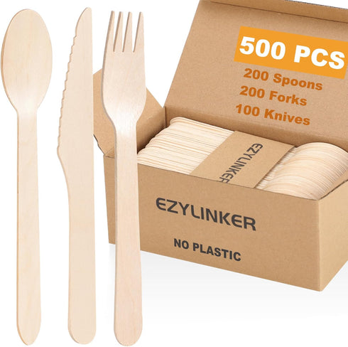 (500 Count) 100% Compostable Wooden Cutlery Set - 200 Wood Spoons, 200 Forks, 100 Knives, Eco-Friendly Disposable