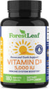 ForestLeaf Vitamin D3 5000 IU, Bone Health and Immune Support, 180 Easy to Swallow Vegetable Capsules