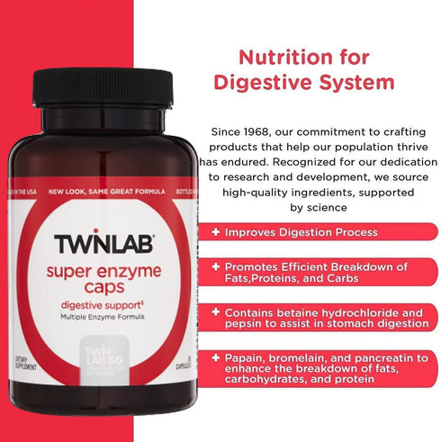 Twinlab Super Enzyme Caps - Digestive Enzymes for Constipation Relief, 50 Capsules