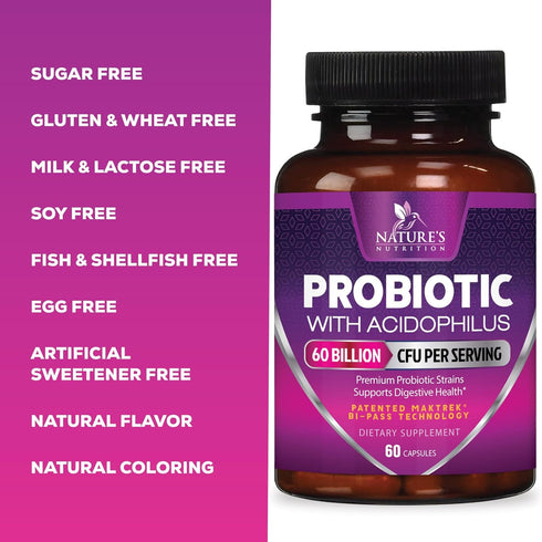 Probiotics, 60 Billion CFU per Serving, with Prebiotics for Digestive & Immune Health Support, 60 Capsules
