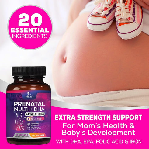 Women's Prenatal Multivitamin with Folic Acid + DHA, 60 Softgels for Fetal Support, Non-GMO