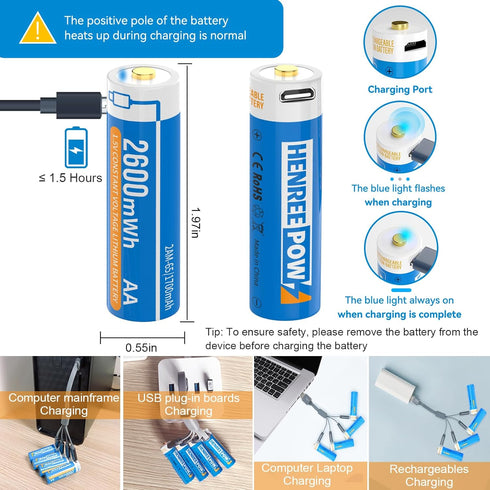 Henreepow 1.5V AA Lithium Rechargeable Batteries, High Capacity 2600mWh (1700mAh) with 4 in 1 USB Charging Cable (4