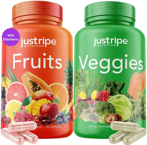 Fruits and Veggies Supplement - 90 Fruit and 90 Vegetable Capsules, 100% Whole Natural Superfood, Supports Energy