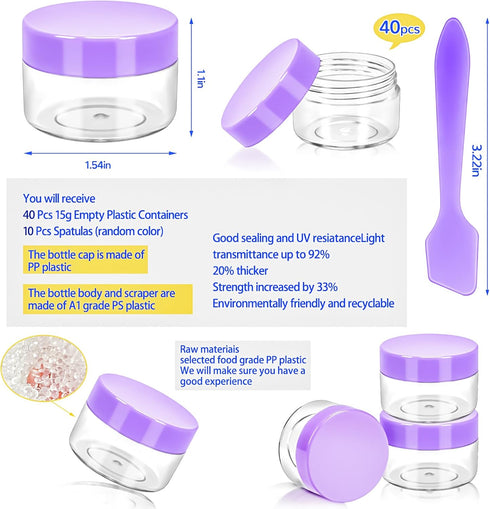 MotBach 40 PCS 15g Empty Plastic Containers with Colored Lids,Small Makeup Sample Containers,0.5oz Small Sample Pot Jars Round Travel Cosmetic Jars with Spatulas for Liquid Sample Powder Cream Lotion