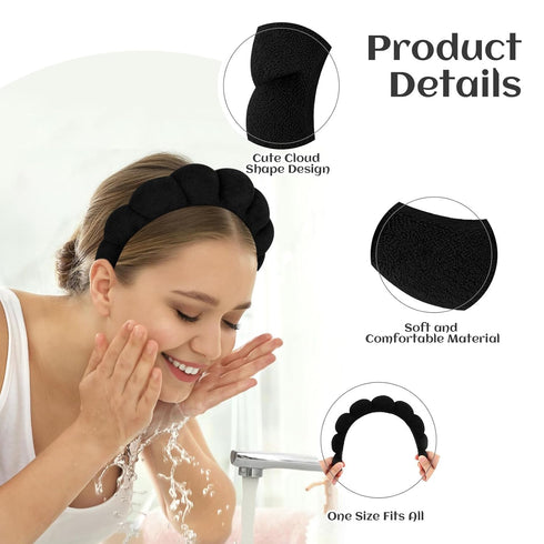 Women Spa Headband for Washing Face, Puffy Sponge Headbands for Skincare and Makeup Removal, Black