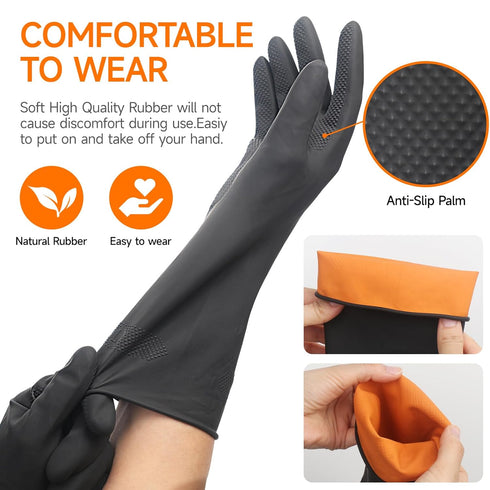 Thick Rubber Cleaning Gloves - 2 Pairs Heavy-Duty Black Non-Slip Kitchen Gloves for Dishwashing, Reusable Waterproof