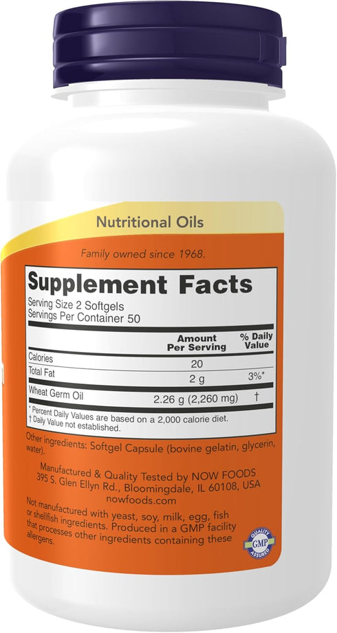 NOW Supplements, Wheat Germ Oil 1,130 mg with Essential Fatty Acids (EFAs), Nutritional Oil, 100 Softgels