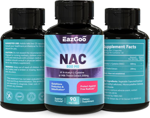 NAC Supplement, N-Acetyl Cysteine Capsules 800mg with Milk Thistle 200mg, 90 Count, Vegan, GMOs-Free