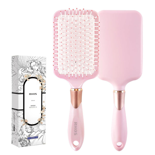RHOS Paddle Brush for Women & Men, Detangler for Thick Curly Hair, Square Cushion Brush, 1 Pack - Pink