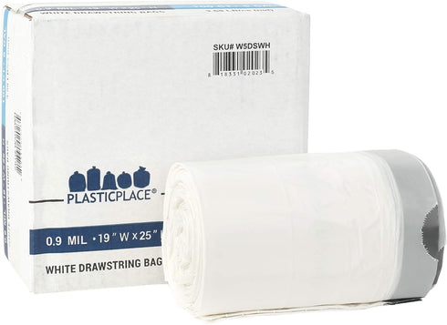 Plasticplace 5 Gallon White Trash Bag Liners, 0.9 Mil Thick, Sturdy Drawstring Placement, 19" X 25" (100 Count)