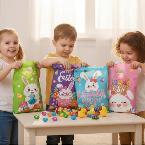 Lanfixilly 50 Easter Gift Bags with handles Colorful Pcs,Plastic Easters Eggs Bunny Goodie Candy Tote Favor Bag