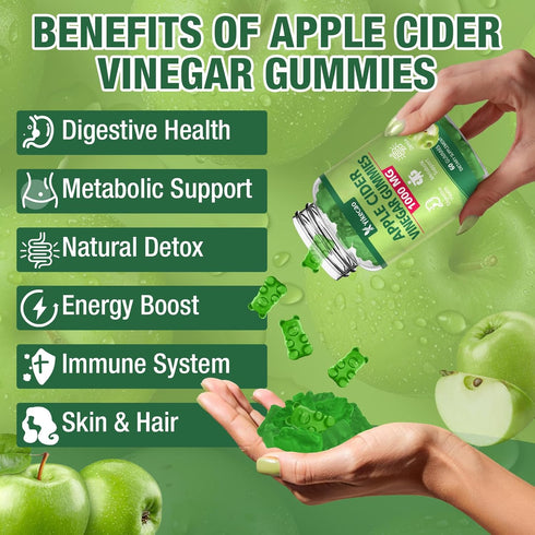 Yikecao Gummies, 1000mg Gummies B12, Immune 60 Count Apple Cider Vinegar ACV with The Mother & Apple Cider Vinegar