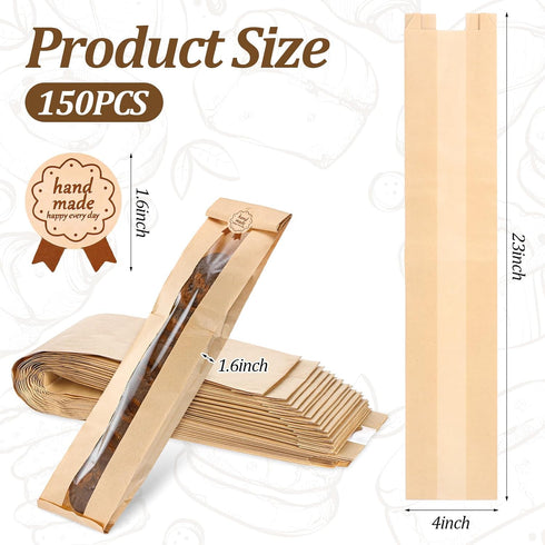 Kegeeei 150 Pack 150 23x4x1.6 Inch Packaging Baguette Bags with Clear Front Window and Seal Stickers, Paper Bread Bags