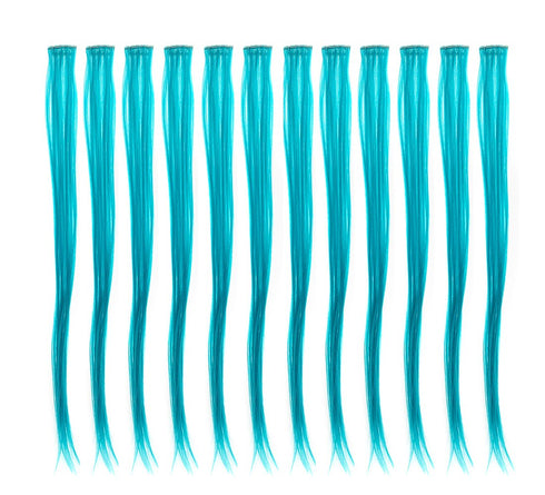 SWACC 12 Pcs Straight One Color Clip on Party Highlights Hair Extensions, Synthetic Hairpieces (Teal Blue)