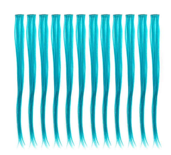 SWACC 12 Pcs Straight One Color Clip on Party Highlights Hair Extensions, Synthetic Hairpieces (Teal Blue)
