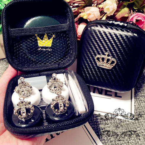 2 Pack Fashion Contact Lens Case, Cute Crown Black White Leak Proof Portable Box Kit with Mirror