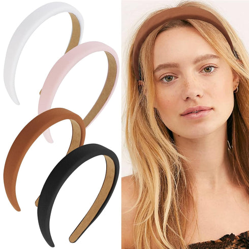 Wecoe 4 Pack Non Slip Padded Headbands for Women - Soft Thick Comfortable Cute Brown Black Pink White Neutral Aesthetic