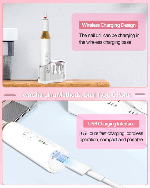Nail Drill Cordless Electric Files - Gel Nails Efile Manicure Kit for Women, Rechargeable Wireless Grinder (M918)