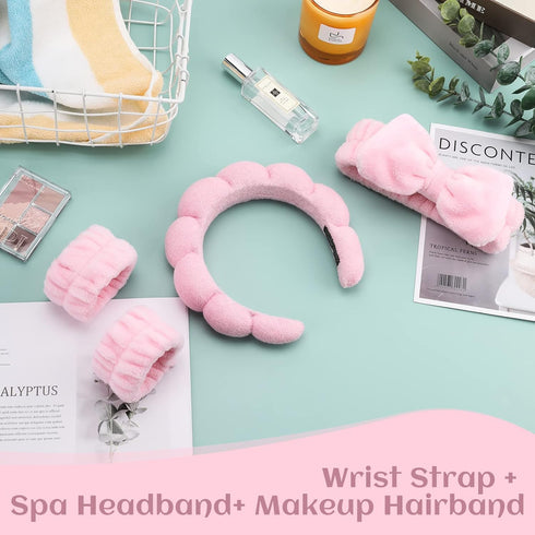 Puffy Spa Headband & Skincare Headbands for Women, Terry Cloth Towel Head Band, 4 Pcs Face Wash Wristband Set