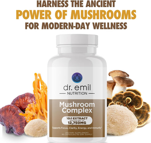 DR. EMIL NUTRITION 10 Mushroom Supplement for Mental Clarity, Focus & Immune Support - Functional Mushroom Nootropic Supplement with Lions Mane Extract, Cordyceps, Turkey Tail & More