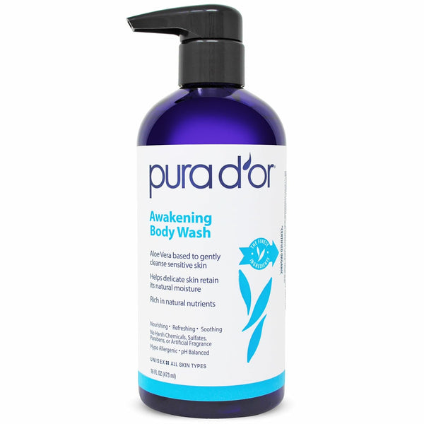 PURA D'OR Awakening Body Wash, 16oz with Aloe Vera, Lavender, and Natural Nutrients for All Skin Types