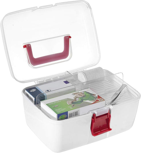 MyGift 10 Inch Portable White Plastic Storage Box with Removable Tray, Clear Lid, Red Handle and Latch Lock