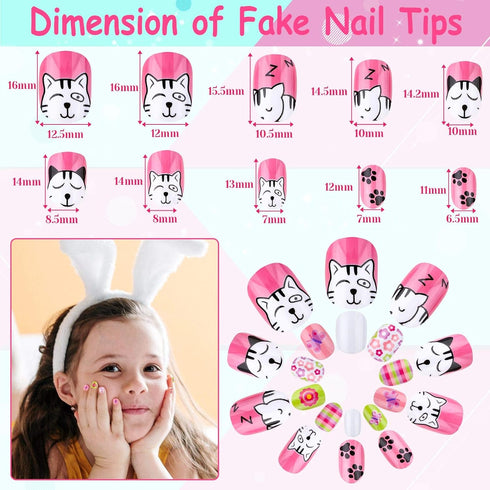 Kids Press on Nails, Thrilez 144Pcs Girls False Nails, Pre Glue Stick on Short Nails Decoration Gift for Ages 7-12
