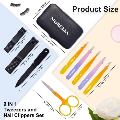 MORGLES 9 Pack Tweezers Set, Professional Nail Clippers and Tweezer Kit for Men and Women with Leather Travel Case