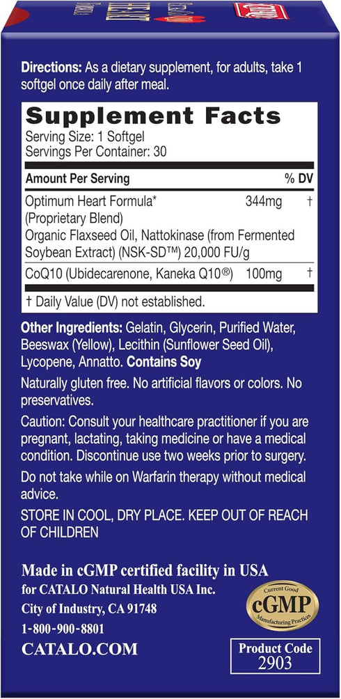 CATALO Extra CoQ10 Heart Formula, 100mg Coenzyme Q10, Organic Flaxseed Oil, 60 Softgels