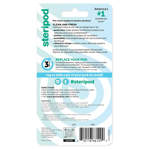 Steripod Clip-On Toothbrush Protector, Keeps Toothbrush Fresh and Clean, Fits Most Manual and Electric Toothbrushes, 4