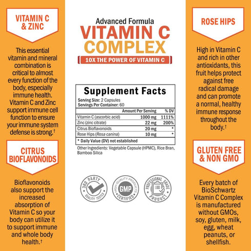 Vitamin C Complex Supplement - 1000mg Capsules with Rose HIPS, Zinc, Citrus Bioflavonoids - 120 Count