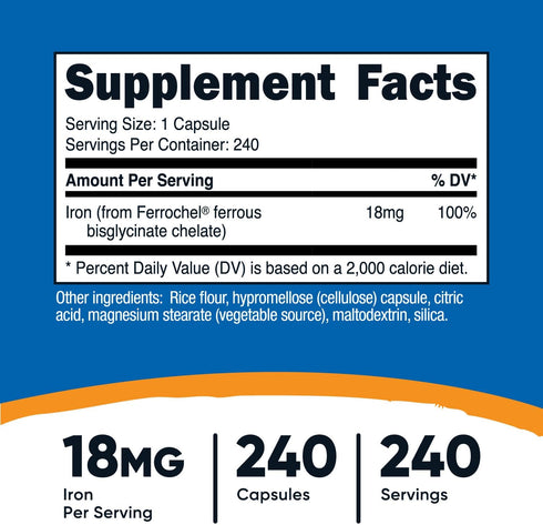 Nutricost Chelated Iron (from Ferrochel) 18mg, 240 Capsules - Gluten Free, Non GMO Iron Chelate Supplement