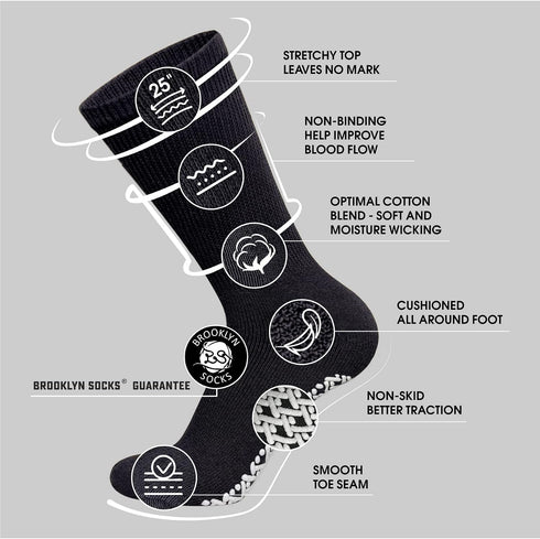 Multipack Brooklyn Socks Non-Skid Cotton Diabetic Neuropathy Crew Socks, Non-Binding Traction Control