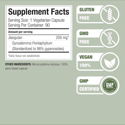 Jiaogulan Extract Supplement, 90 Vegan Capsules, Gynostemma Pentaphyllum Standardized to 98% Gypenosides, Non-GMO
