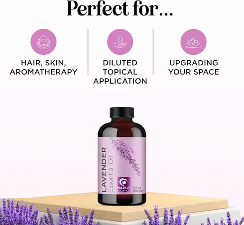 Pure Lavender Essential Oil - Lavender Oil for Hair, Skin, Nails, Aromatherapy Diffusers, Premium Grade Non-GMO (4 Fl