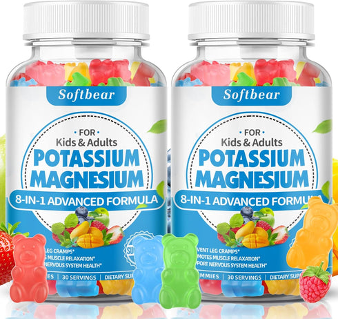 Softbear Sugar Free Potassium Magnesium Gummies for Adults & Kids, Supports Leg Cramps & Muscle Health, 120 Count